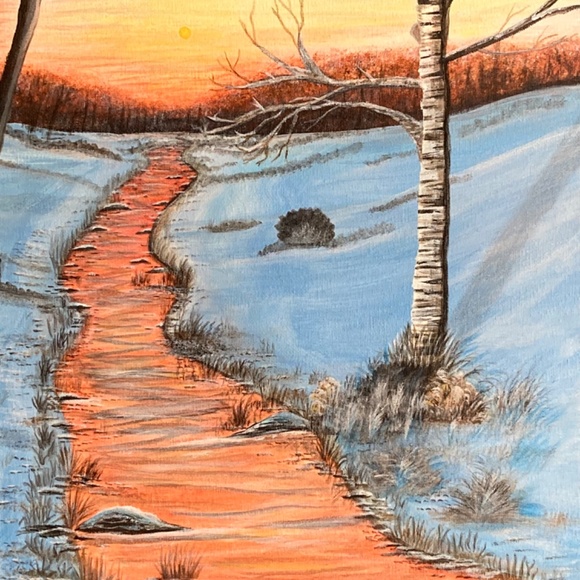 Winter Sunset Acrylic Painting on 14X14” stretched canvas - Picture 3 of 6